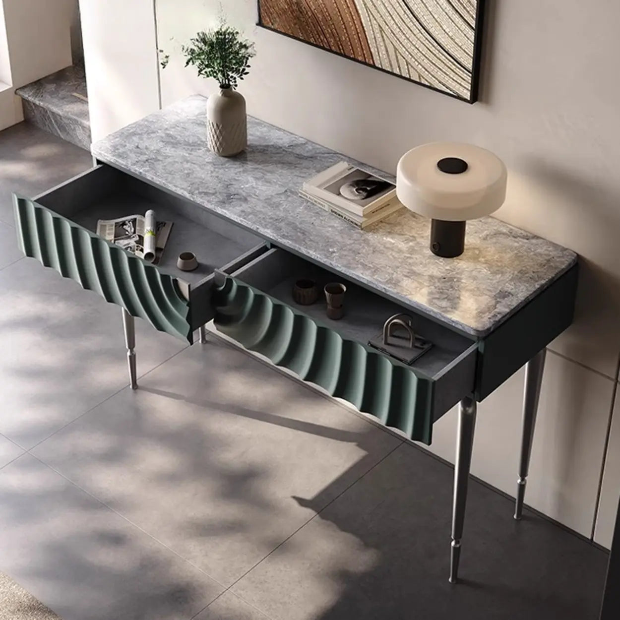 Modish Metal Wave Stone Console Table with Drawers — White