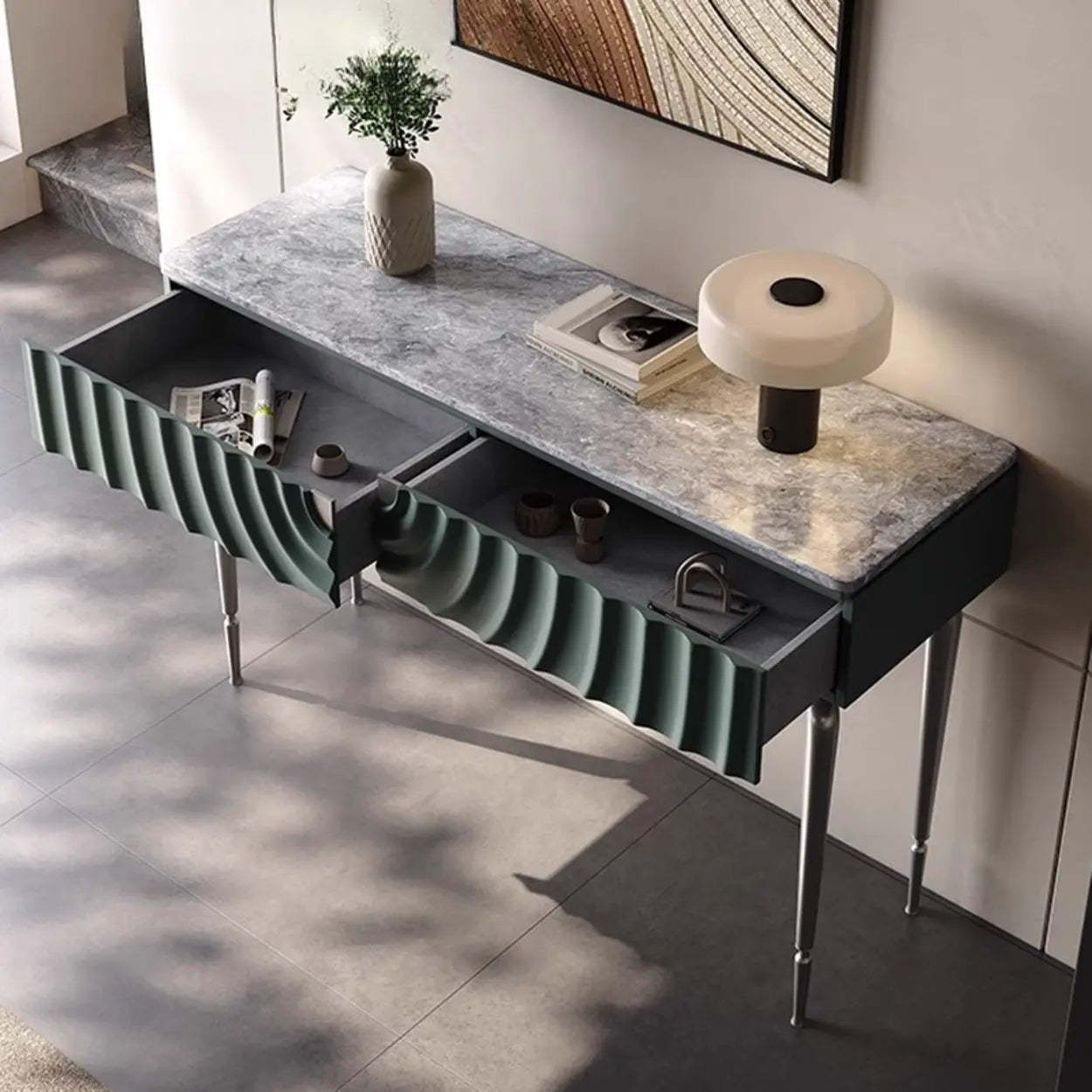 Modish Metal Wave Stone Console Table with Drawers — White
