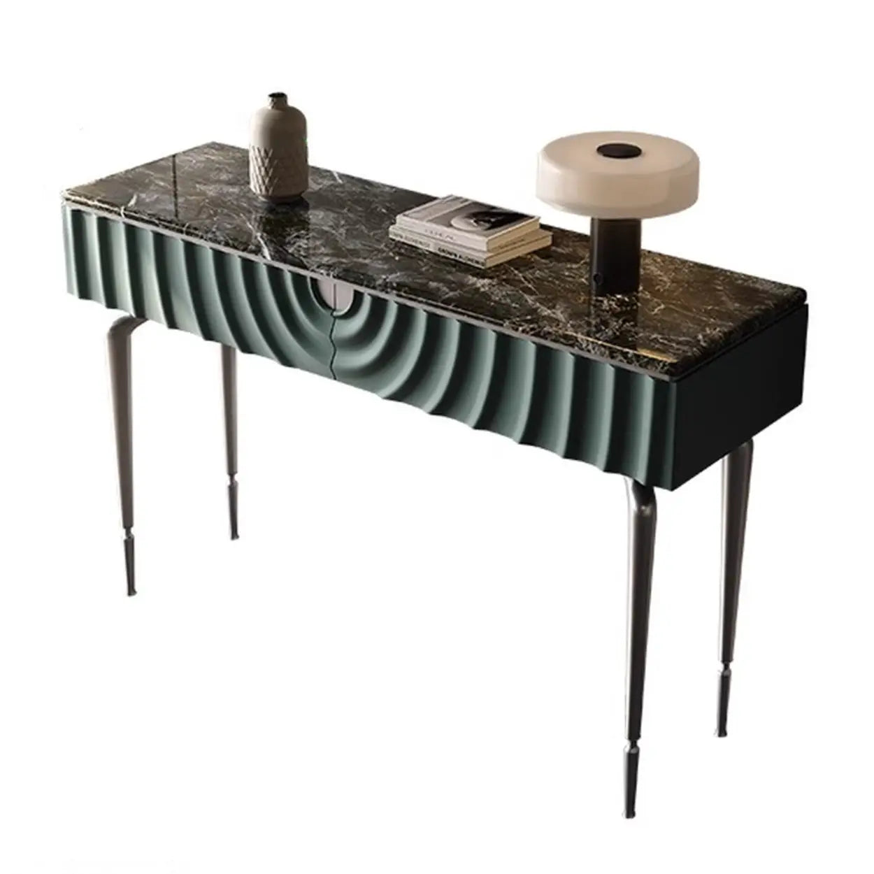 Modish Metal Wave Stone Console Table with Drawers — Walnut