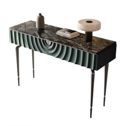 Modish Metal Wave Stone Console Table with Drawers — Walnut