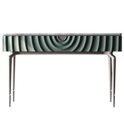 Modish Metal Wave Stone Console Table with Drawers — Gray/ White