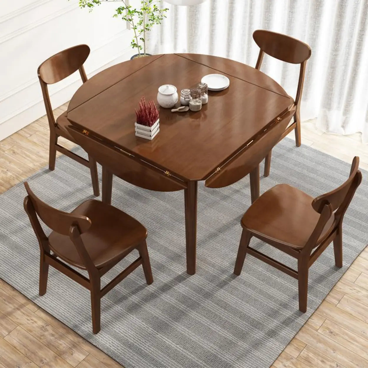 Natural Round Rubberwood Extendable Dining Table — Walnut / Table Only