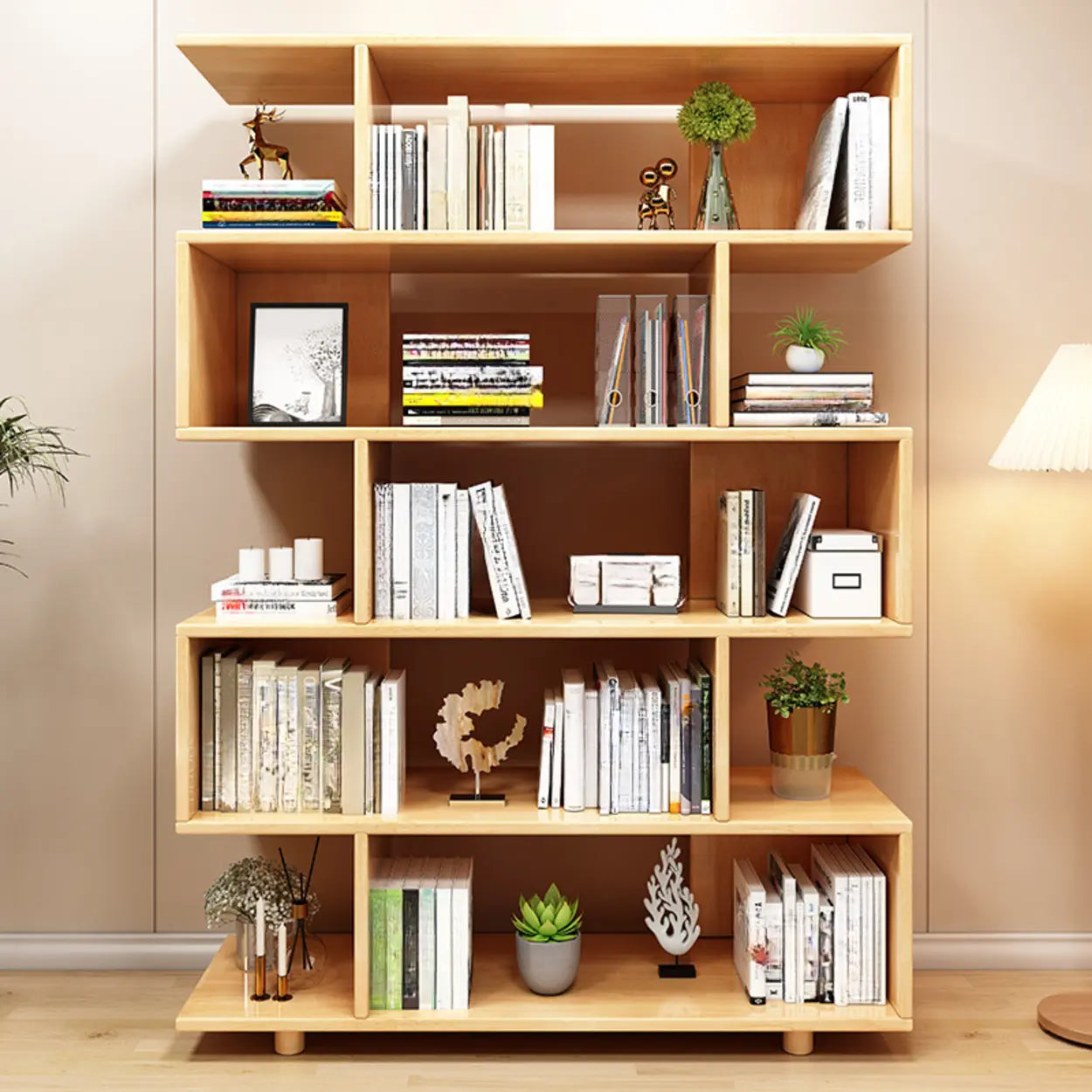 Open Geometric Natural Wood Bookshelf