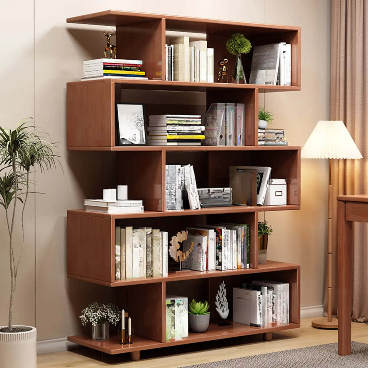 Open Geometric Natural Wood Bookshelf — Natural Finish