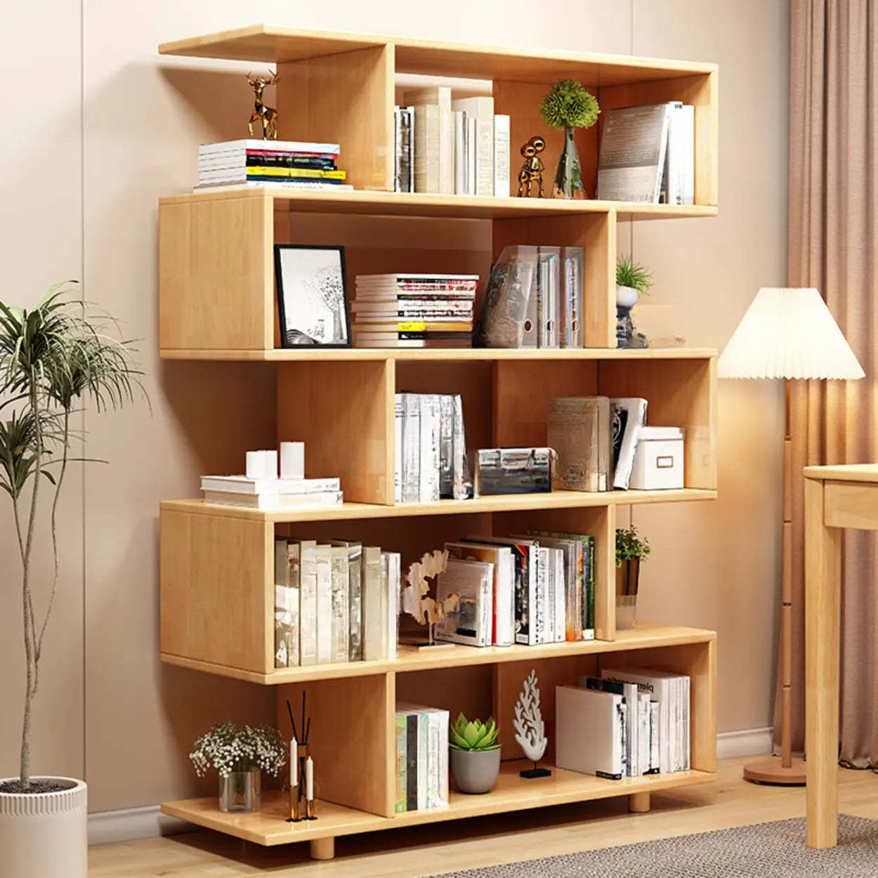 Open Geometric Natural Wood Bookshelf — Nut-Brown