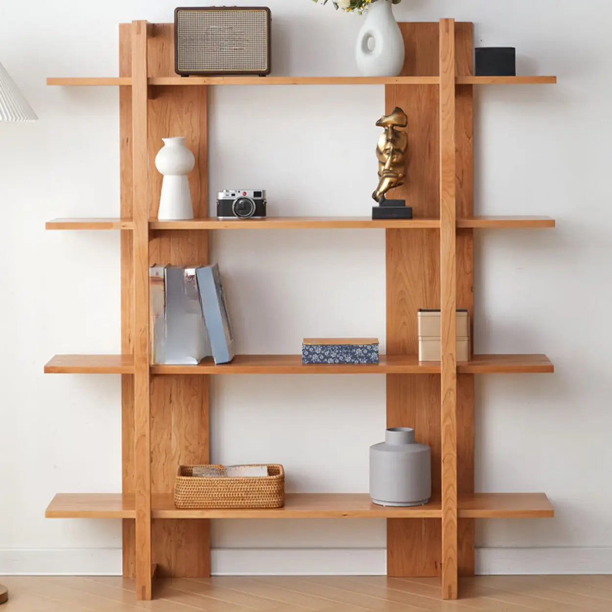 Open Vertical Wood Etagere Display Bookshelf — Natural Finish