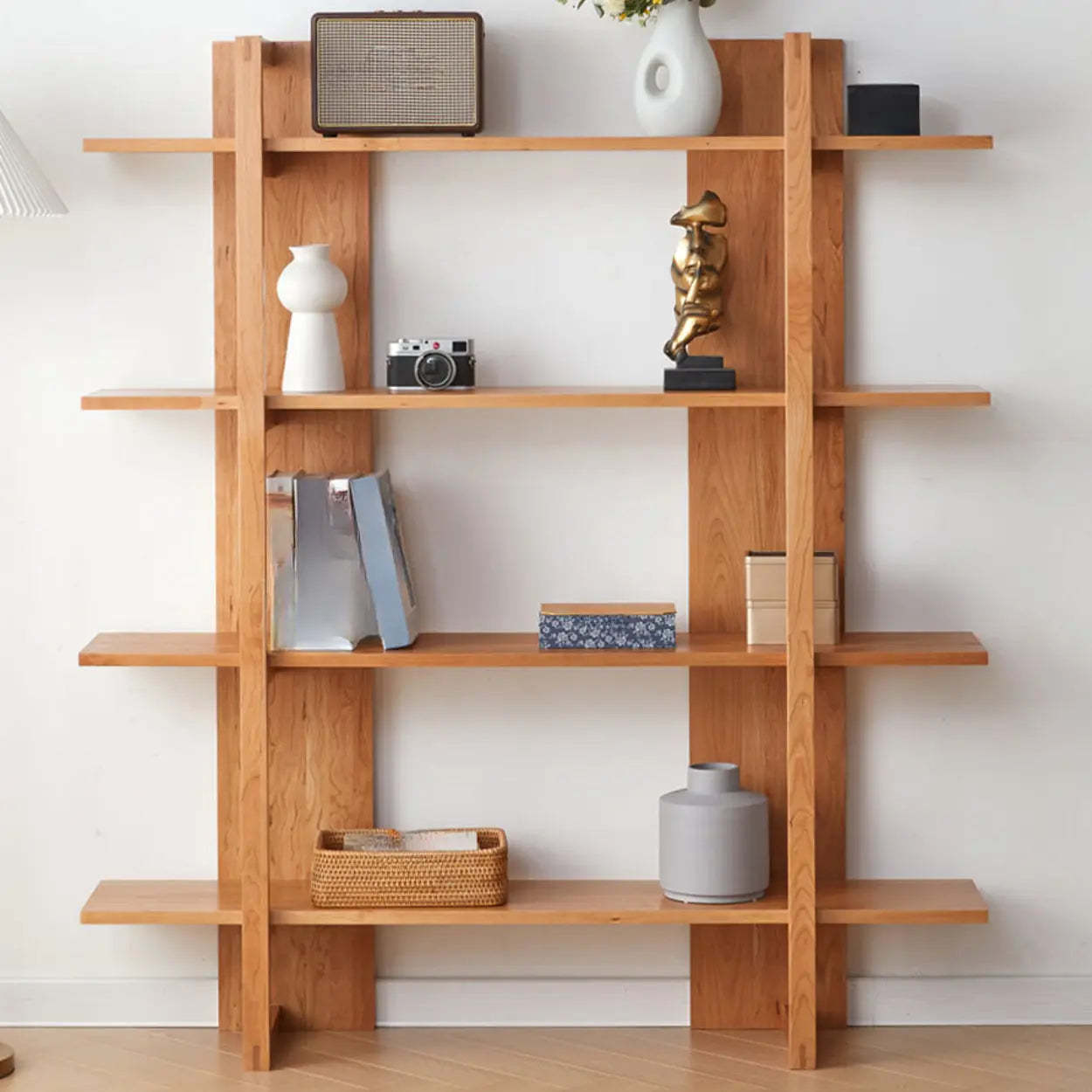 Open Vertical Wood Etagere Display Bookshelf — Natural Finish