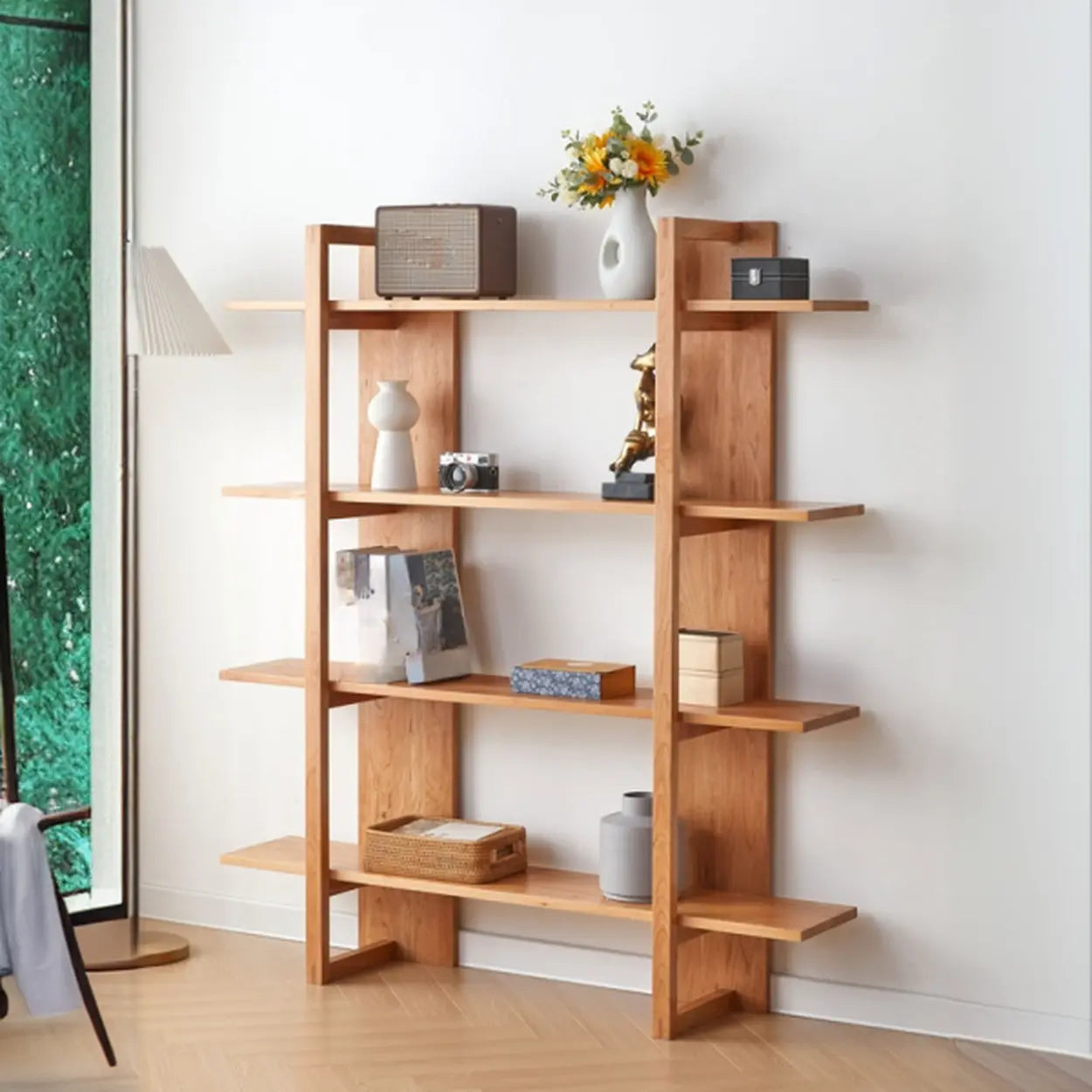 Open Vertical Wood Etagere Display Bookshelf — Natural Finish