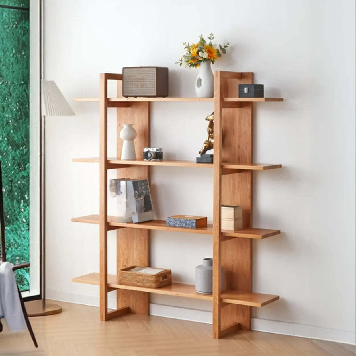 Open Vertical Wood Etagere Display Bookshelf — Natural Finish