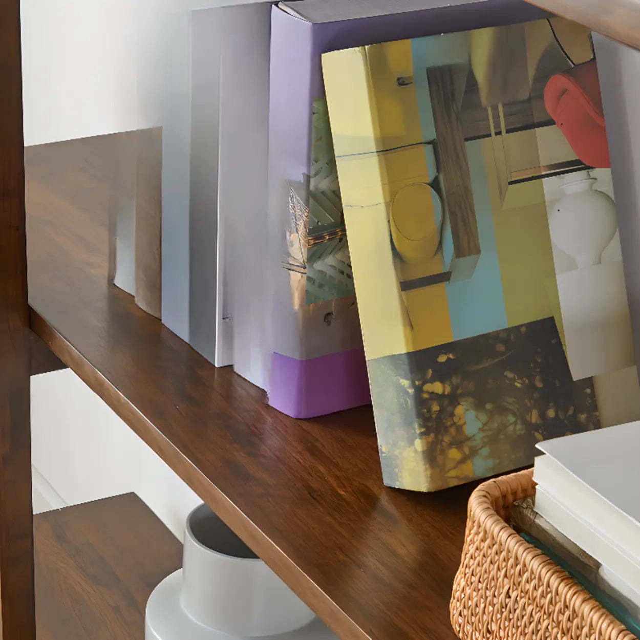Open Vertical Wood Etagere Display Bookshelf — Walnut