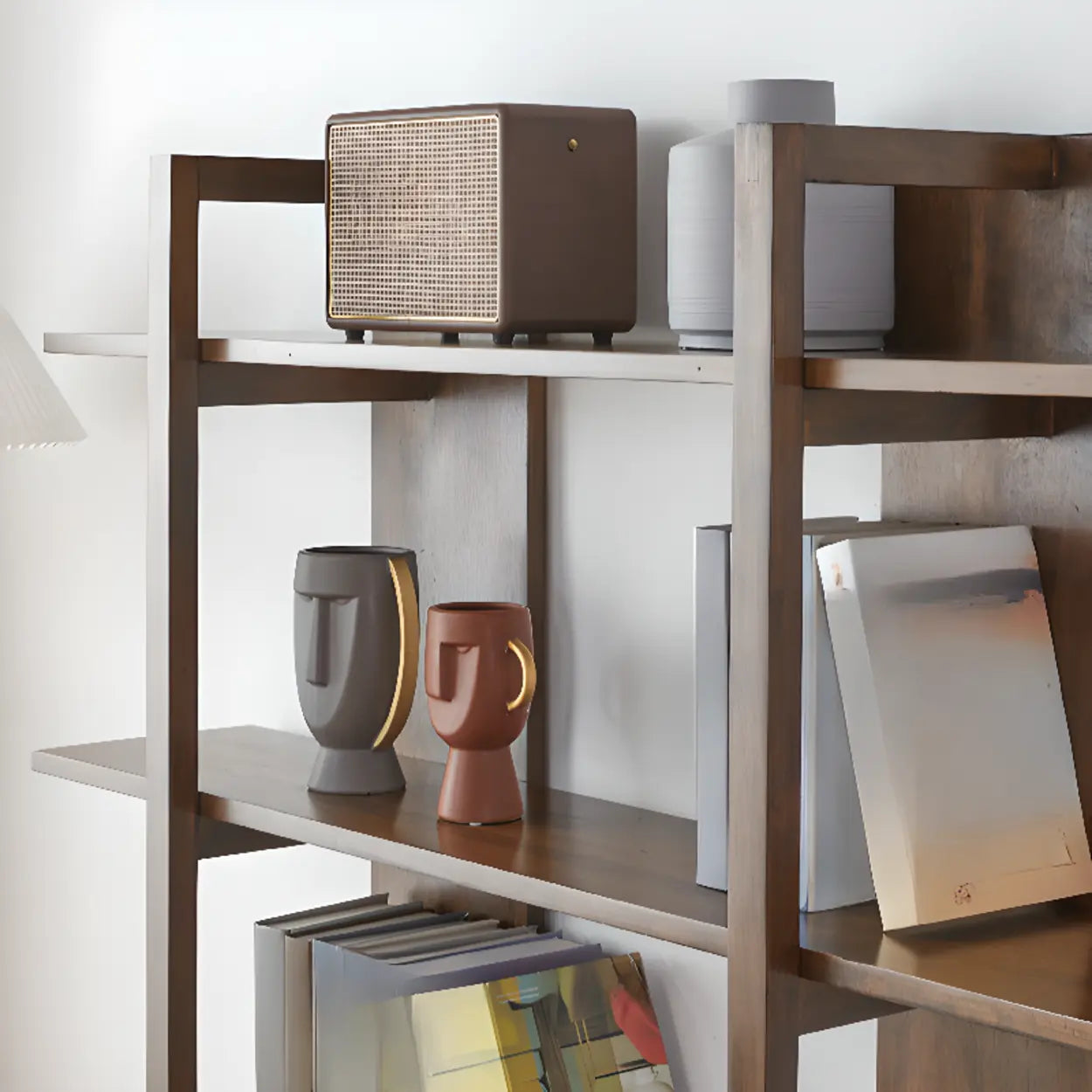 Open Vertical Wood Etagere Display Bookshelf — Walnut