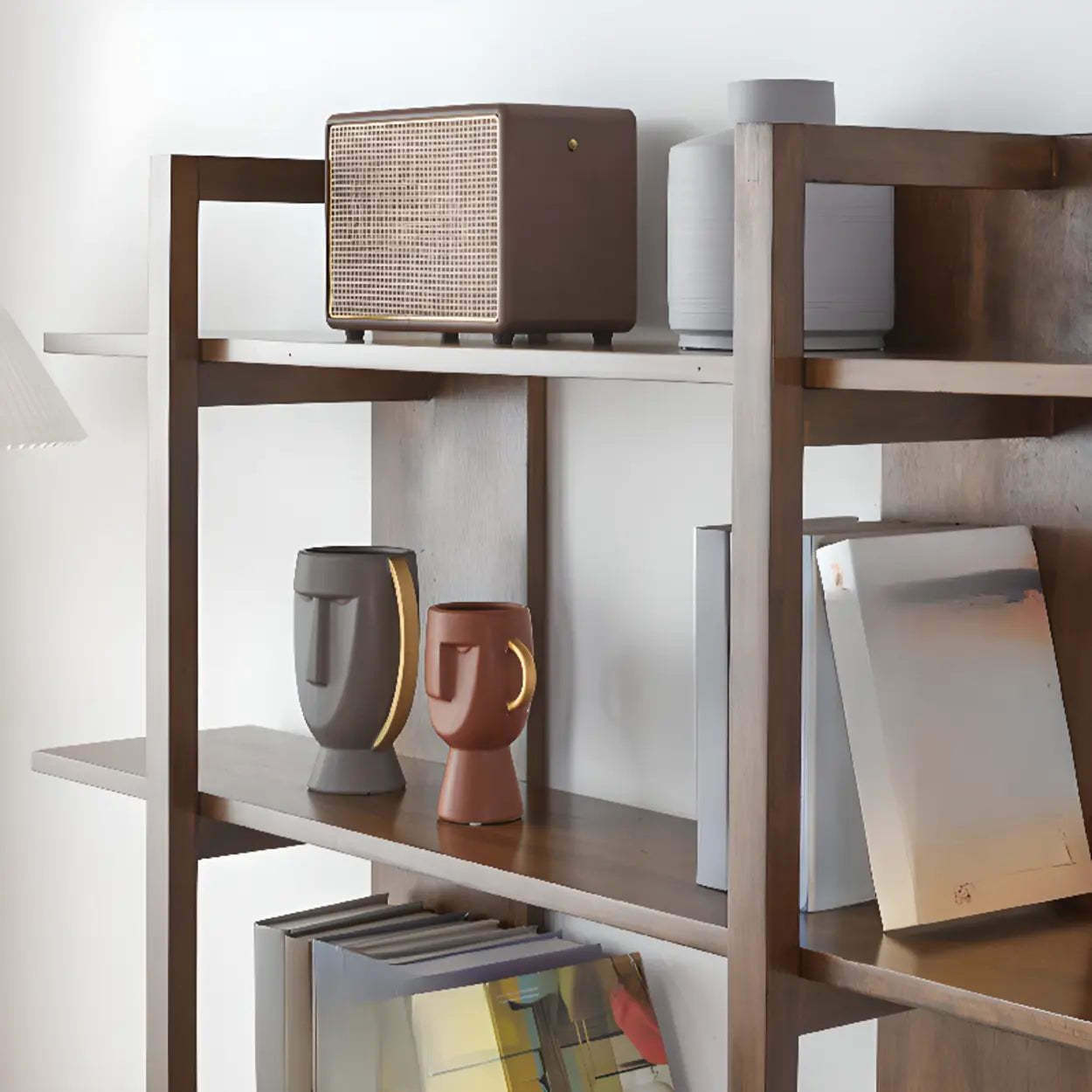 Open Vertical Wood Etagere Display Bookshelf — Walnut