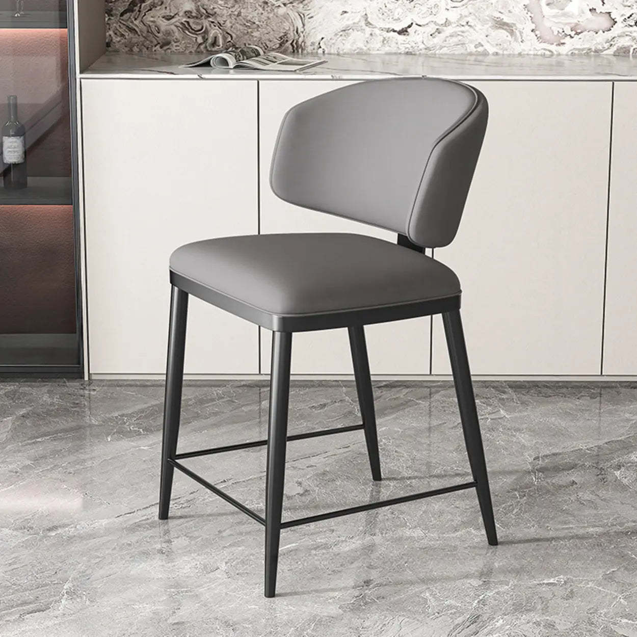 Modern padded armless gray office chairs in metal — 20" L x 21" W x 39" H / Dark Gray / Black