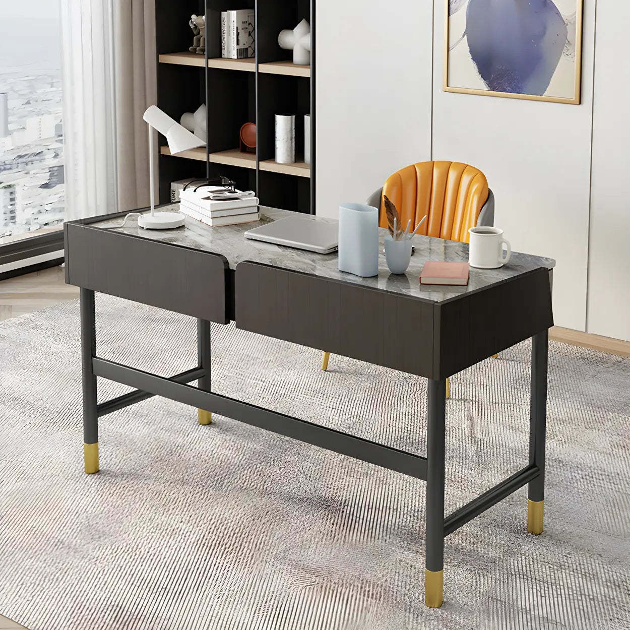 Modish Stone Drawer H-Shape Writing Desk — White / Table Only
