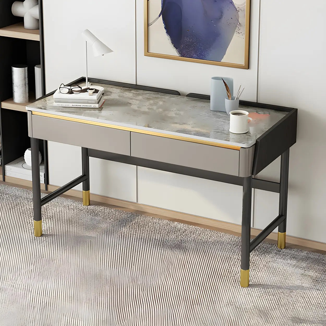 Modish Stone Drawer H-Shape Writing Desk