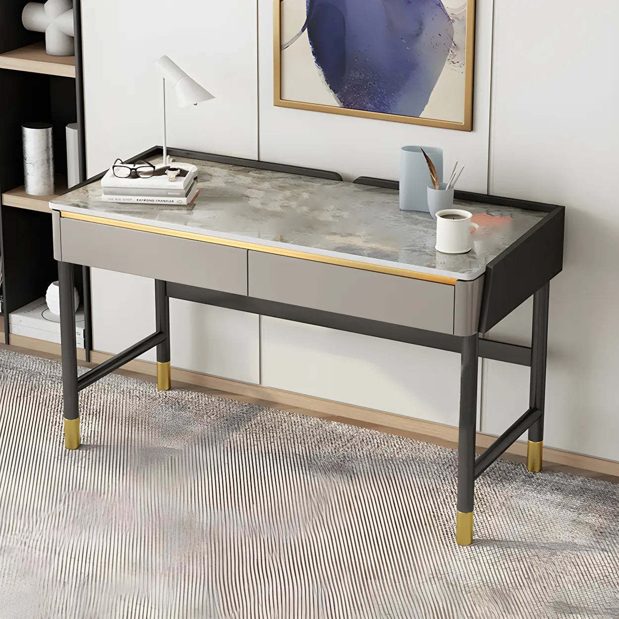 Modish Stone Drawer H-Shape Writing Desk