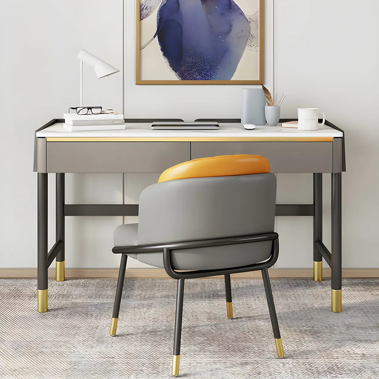 Modish Stone Drawer H-Shape Writing Desk — White / Table Only