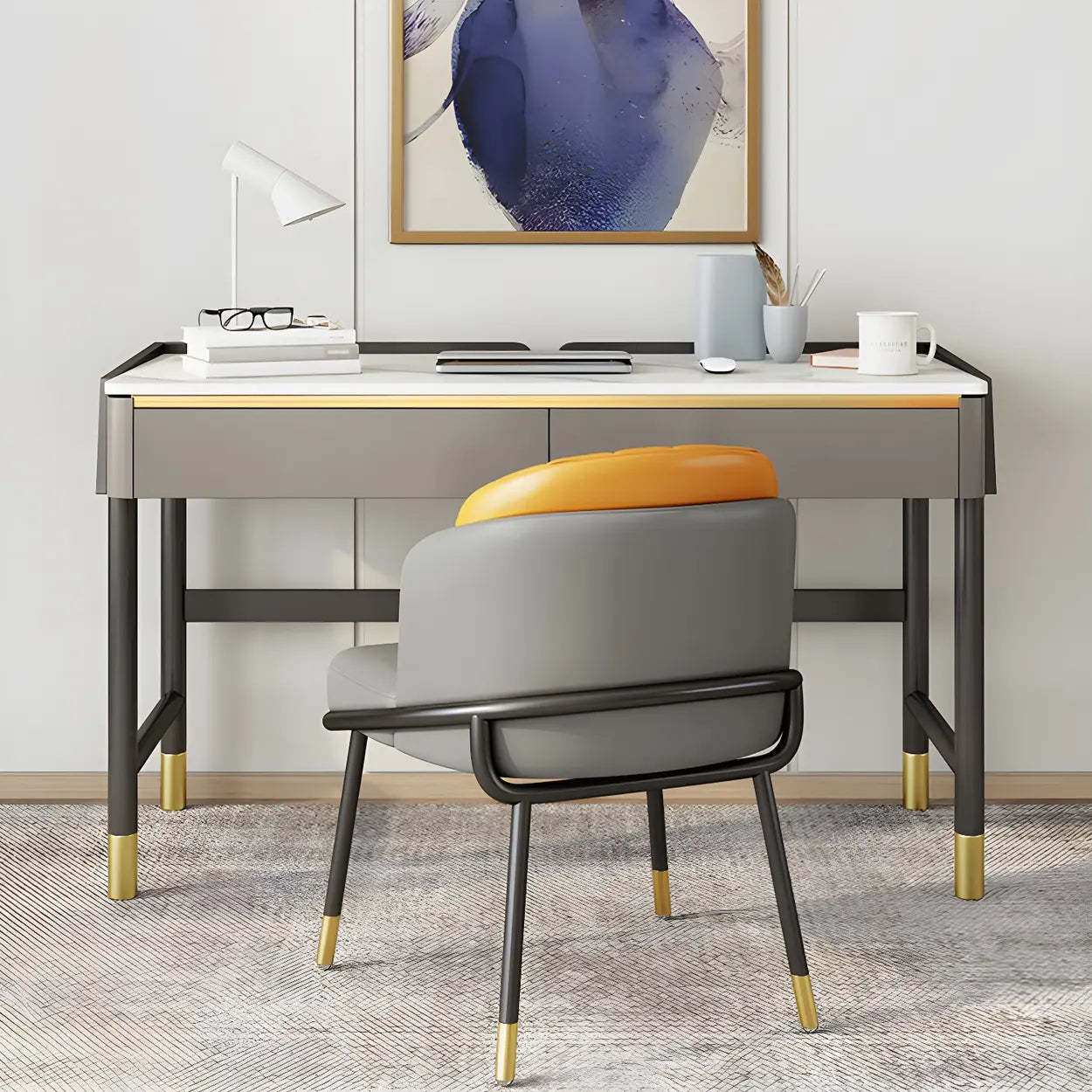 Modish Stone Drawer H-Shape Writing Desk — White / Table Only