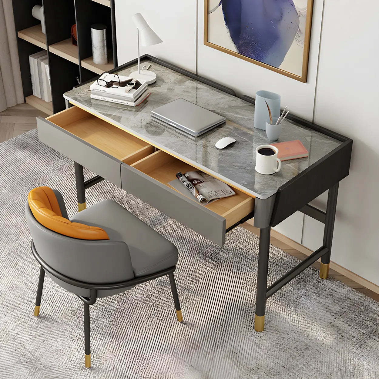 Modish Stone Drawer H-Shape Writing Desk — White / Table Only