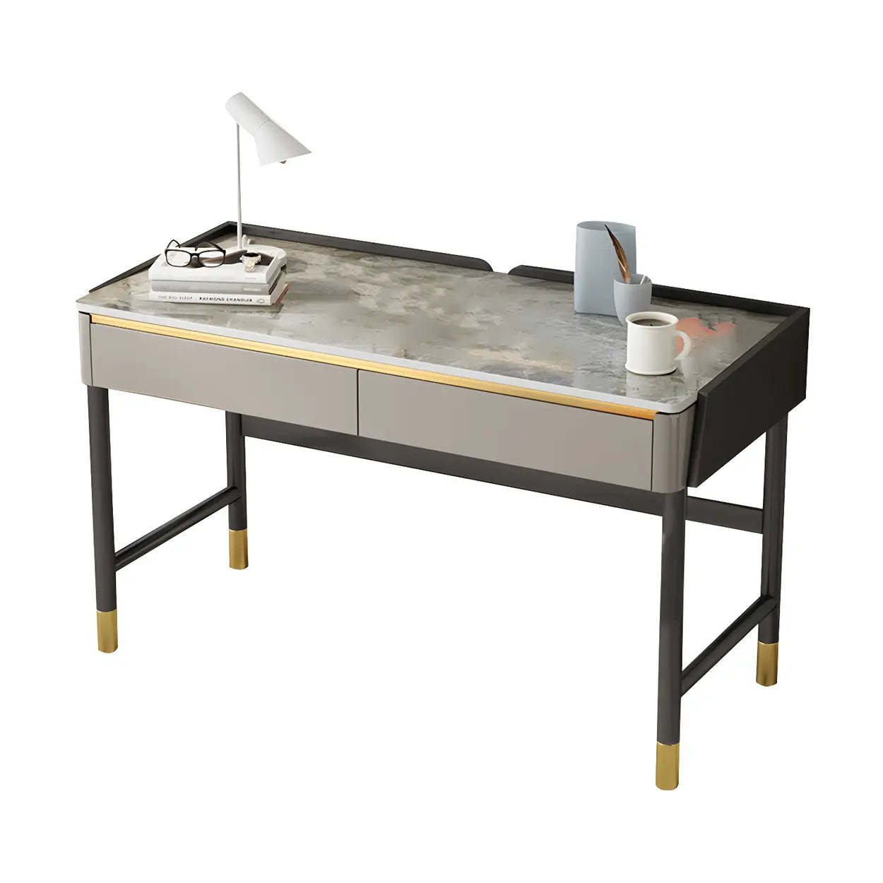 Modish Stone Drawer H-Shape Writing Desk — Grey / Table Only