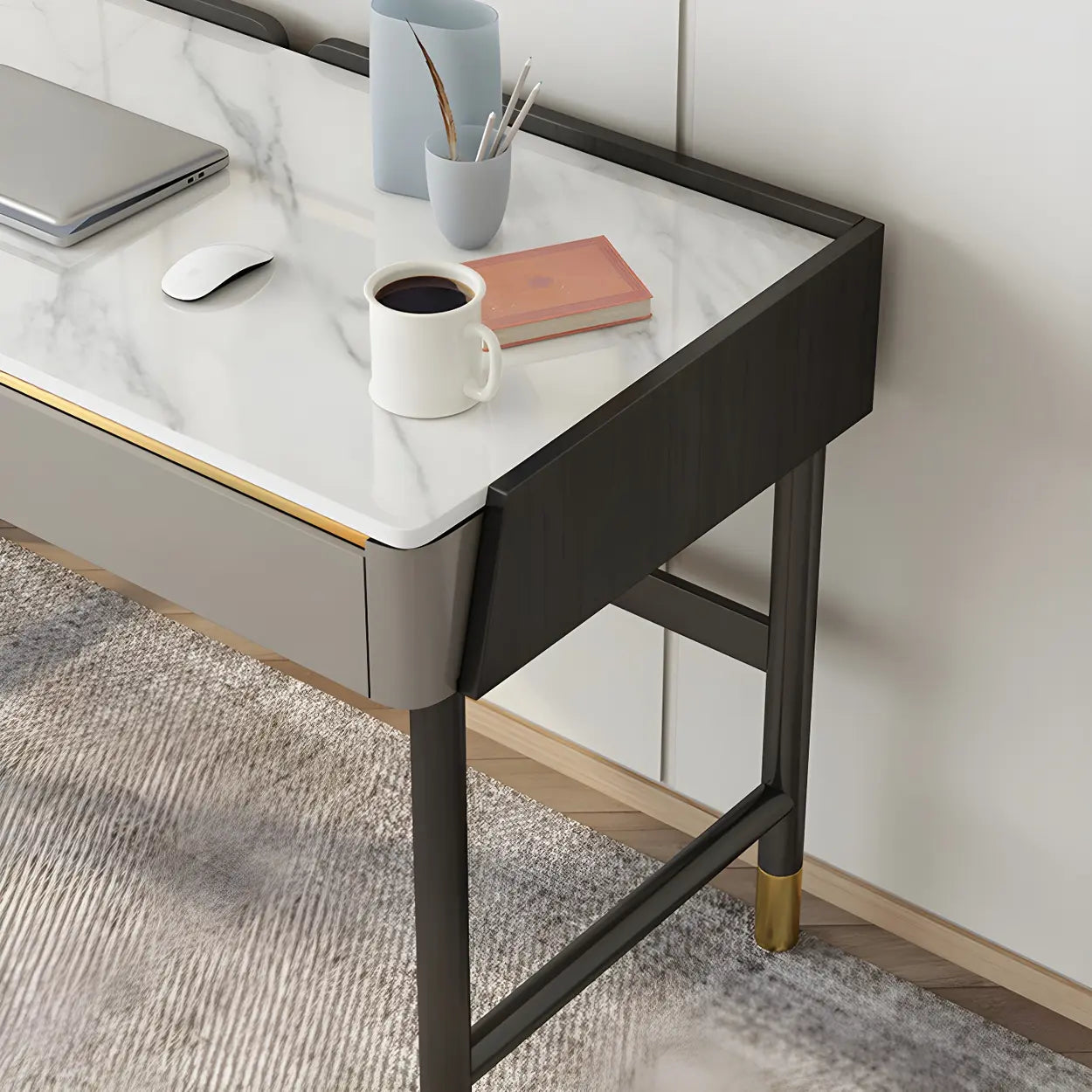 Modish Stone Drawer H-Shape Writing Desk — Grey / Table Only
