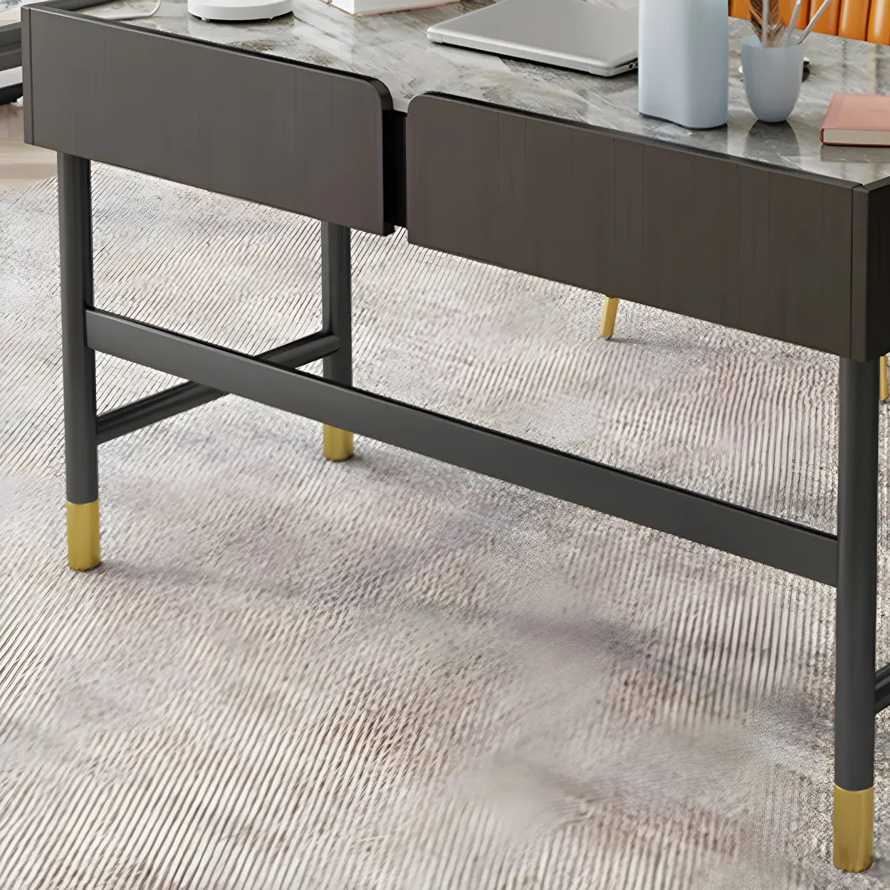 Modish Stone Drawer H-Shape Writing Desk — Grey / Table Only