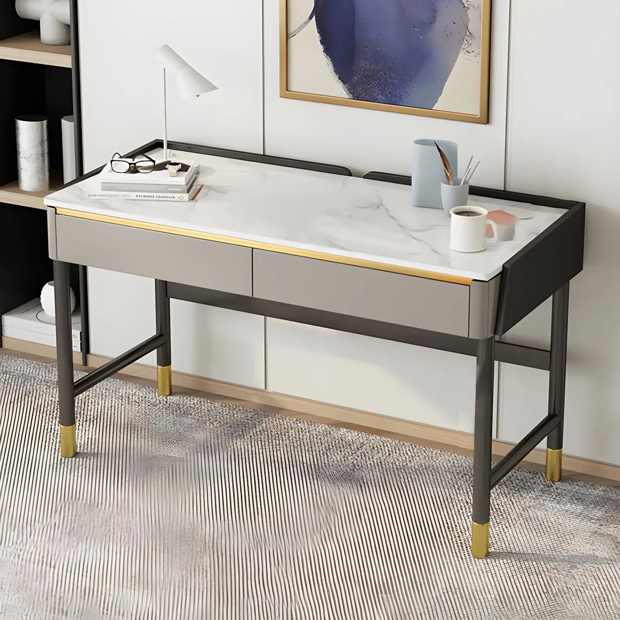 Modish Stone Drawer H-Shape Writing Desk