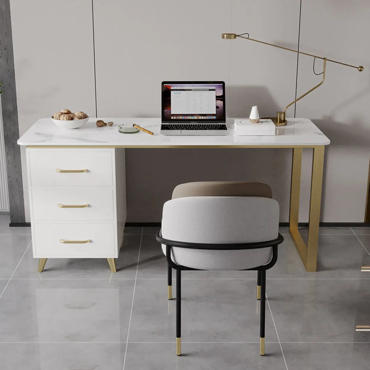Modish White-Gold Stone Drawer Writing Desk — White / Table Only