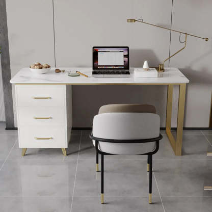 Modish White-Gold Stone Drawer Writing Desk — White / Table Only