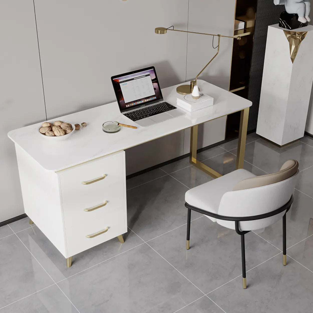 Modish White-Gold Stone Drawer Writing Desk — White / Table Only