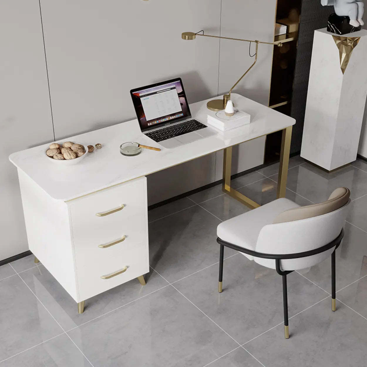 Modish White-Gold Stone Drawer Writing Desk — White / Table Only
