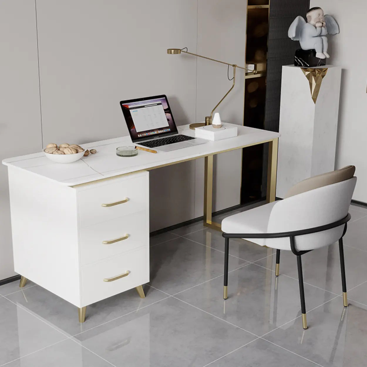 Modish White-Gold Stone Drawer Writing Desk — White / Table Only