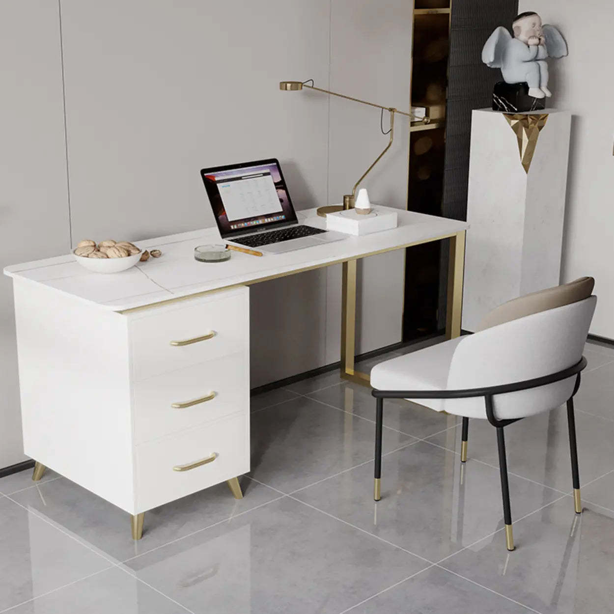 Modish White-Gold Stone Drawer Writing Desk — White / Table Only