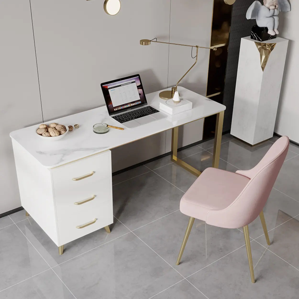 Modish White-Gold Stone Drawer Writing Desk — White / Table Only