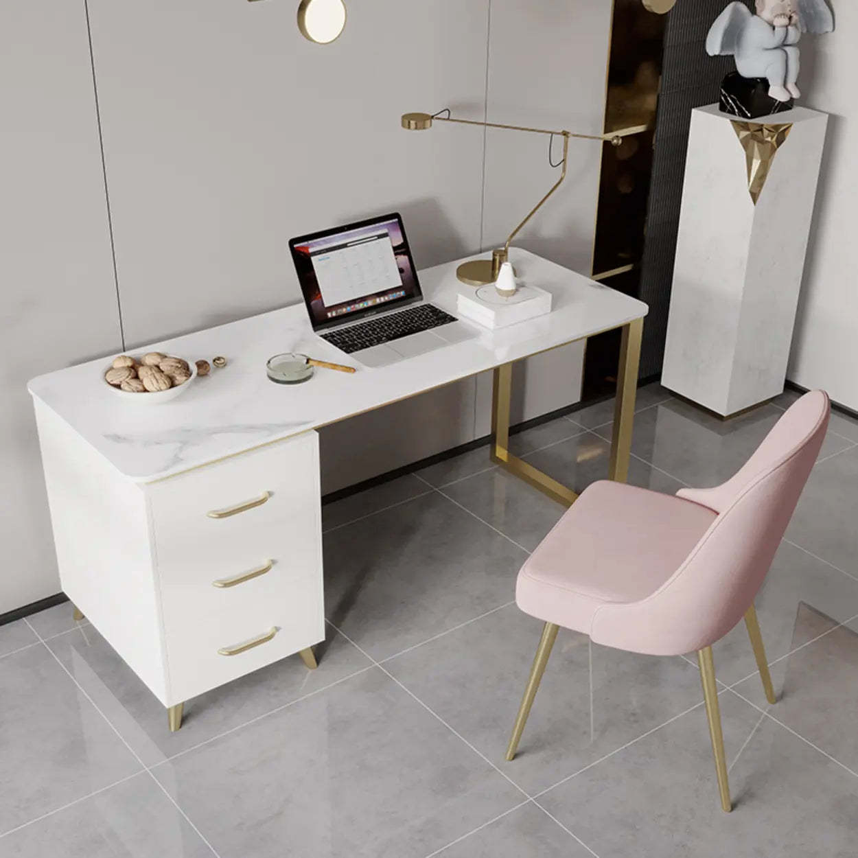 Modish White-Gold Stone Drawer Writing Desk — White / Table Only