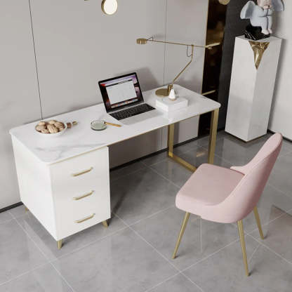 Modish White-Gold Stone Drawer Writing Desk — White / Table Only