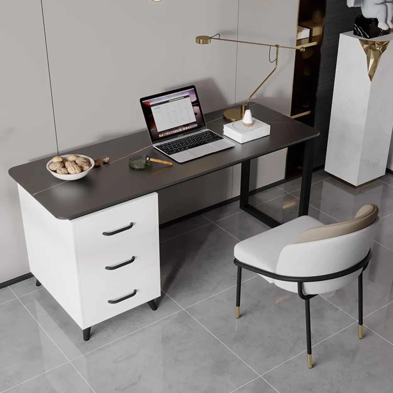 Modish White-Gold Stone Drawer Writing Desk — White / Table Only