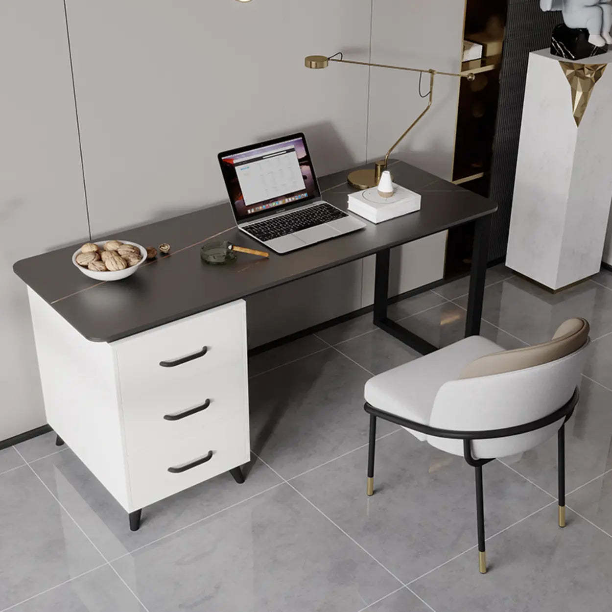 White stone modish desk desks - modern — 39.4" L x 19.7" W x 29.5" H / Black & Gold