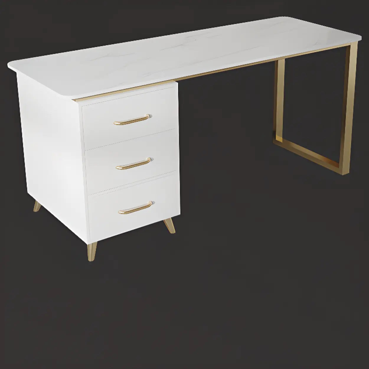 Modish White-Gold Stone Drawer Writing Desk — White / Table Only