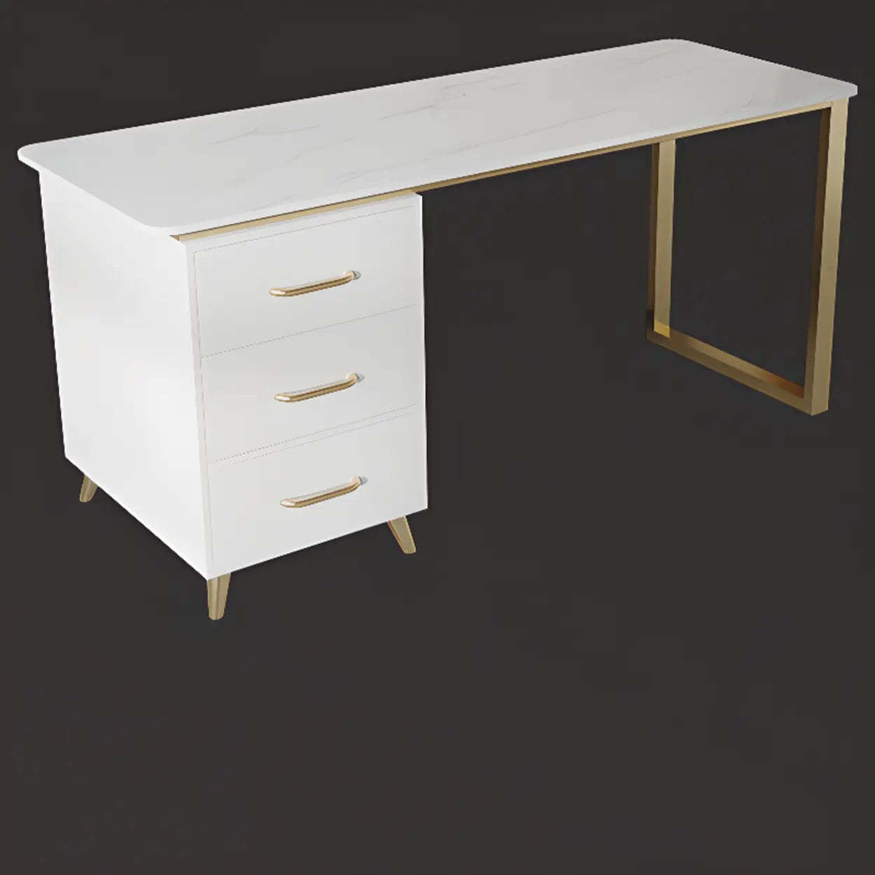 Modish White-Gold Stone Drawer Writing Desk — White / Table Only