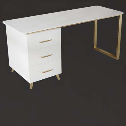 Modish White-Gold Stone Drawer Writing Desk — White / Table Only