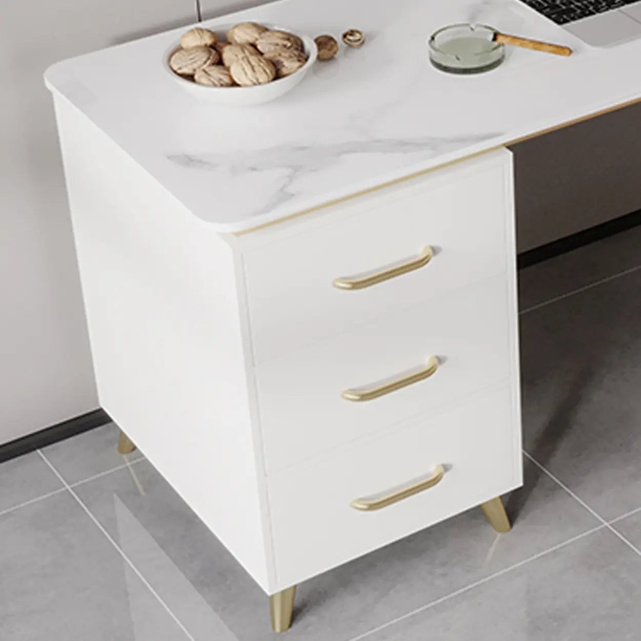 Modish White-Gold Stone Drawer Writing Desk — White-Gold / Table Only