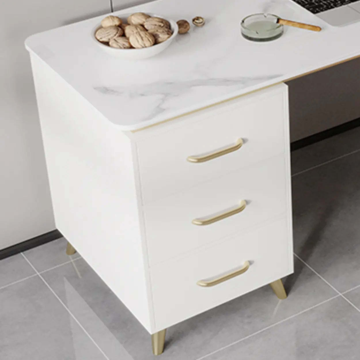 Modish White-Gold Stone Drawer Writing Desk — White-Gold / Table Only