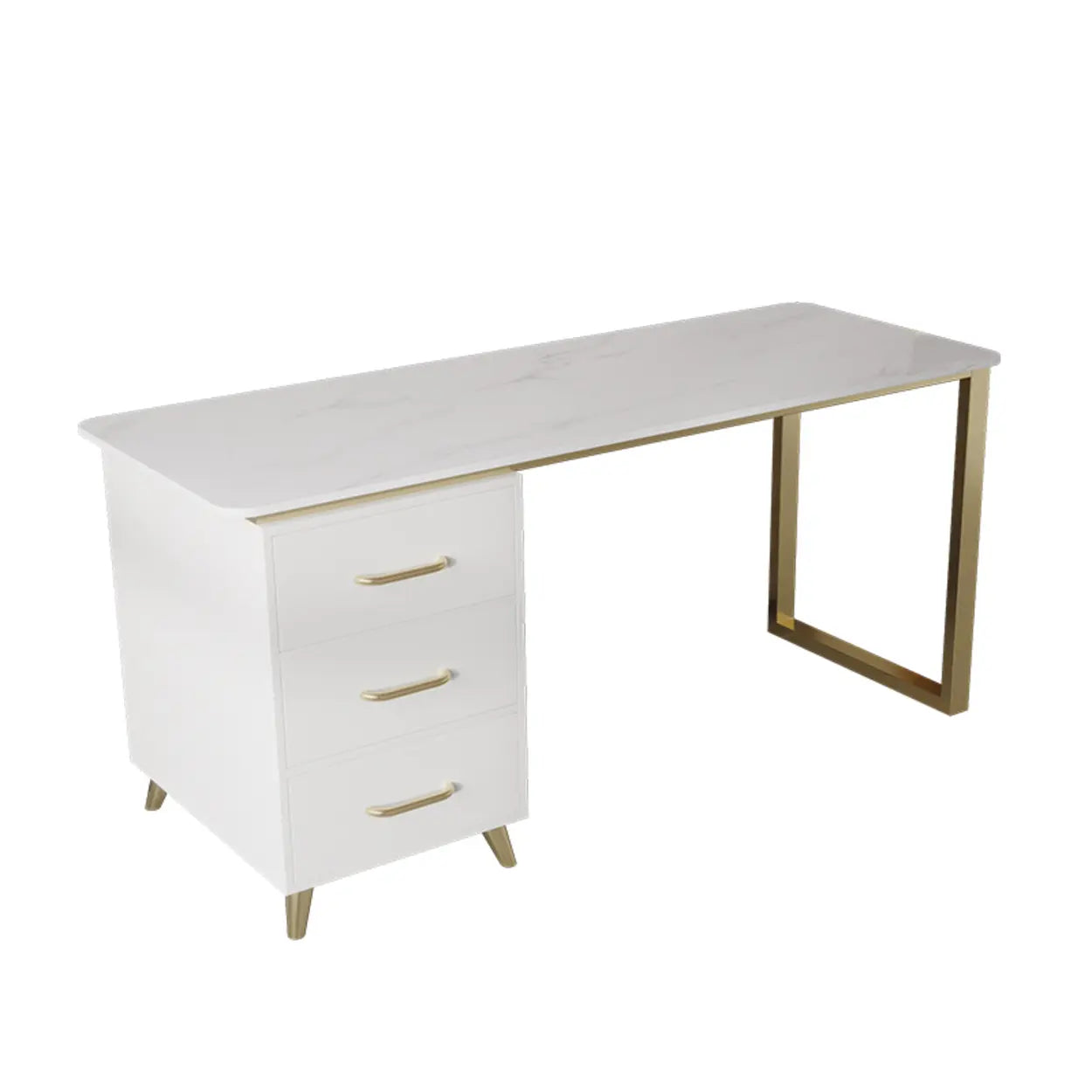 Modish White-Gold Stone Drawer Writing Desk — White-Gold / Table Only