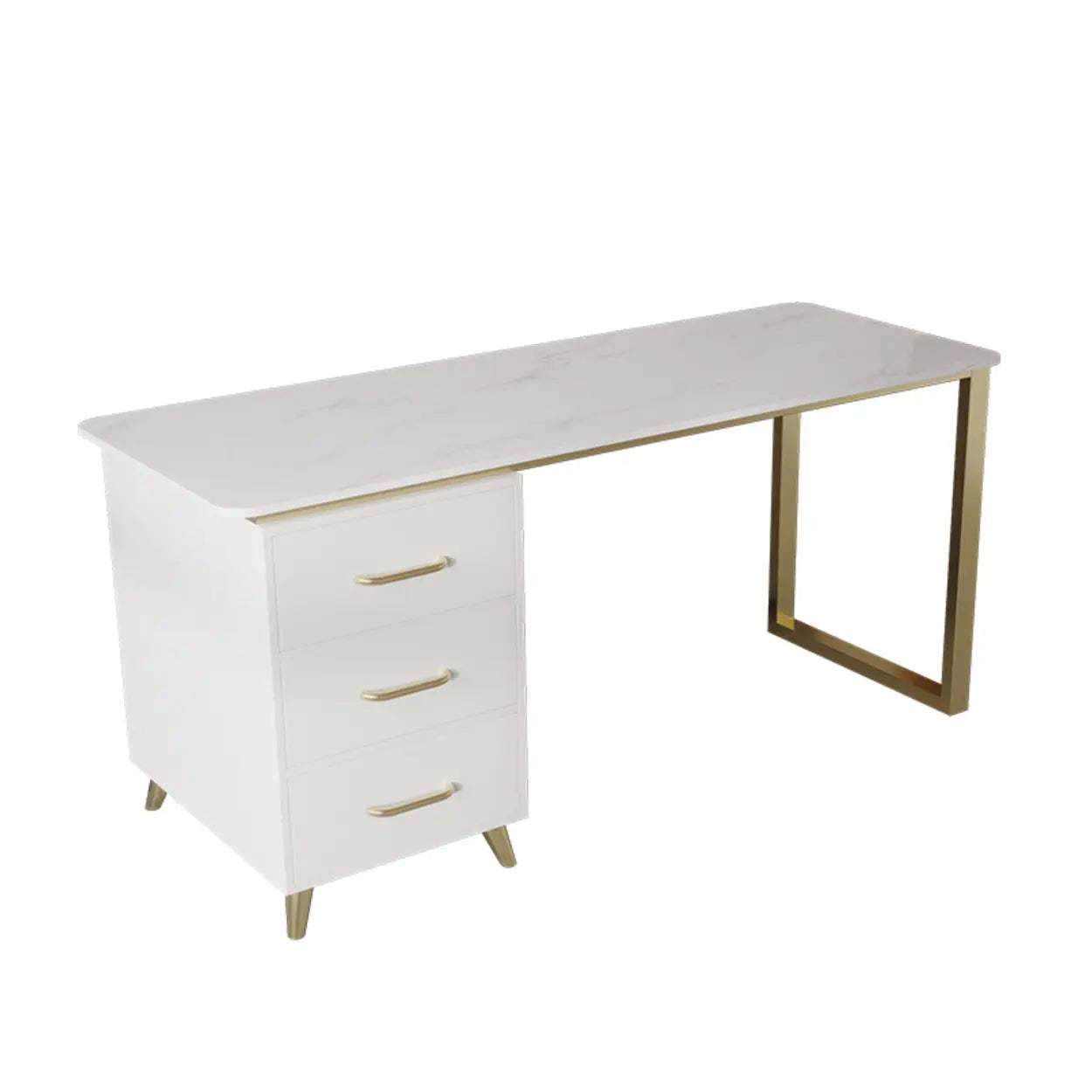 Modish White-Gold Stone Drawer Writing Desk — White-Gold / Table Only