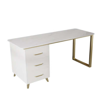 Modish White-Gold Stone Drawer Writing Desk — White-Gold / Table Only