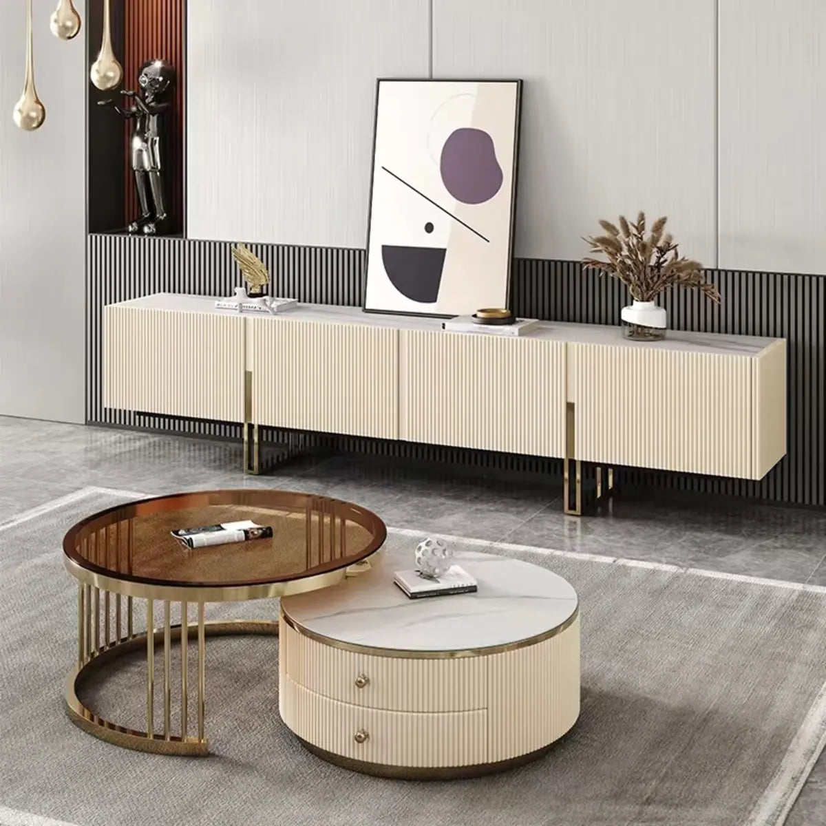 Modish White Stone Rectangular TV Stand