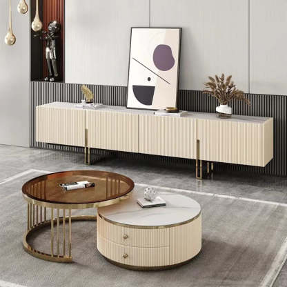 Modish White Stone Rectangular TV Stand