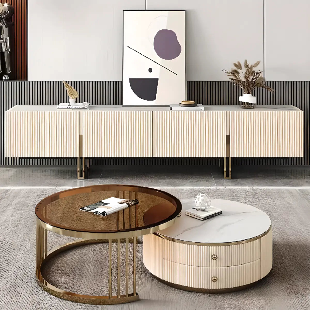 Modish White Stone Rectangular TV Stand