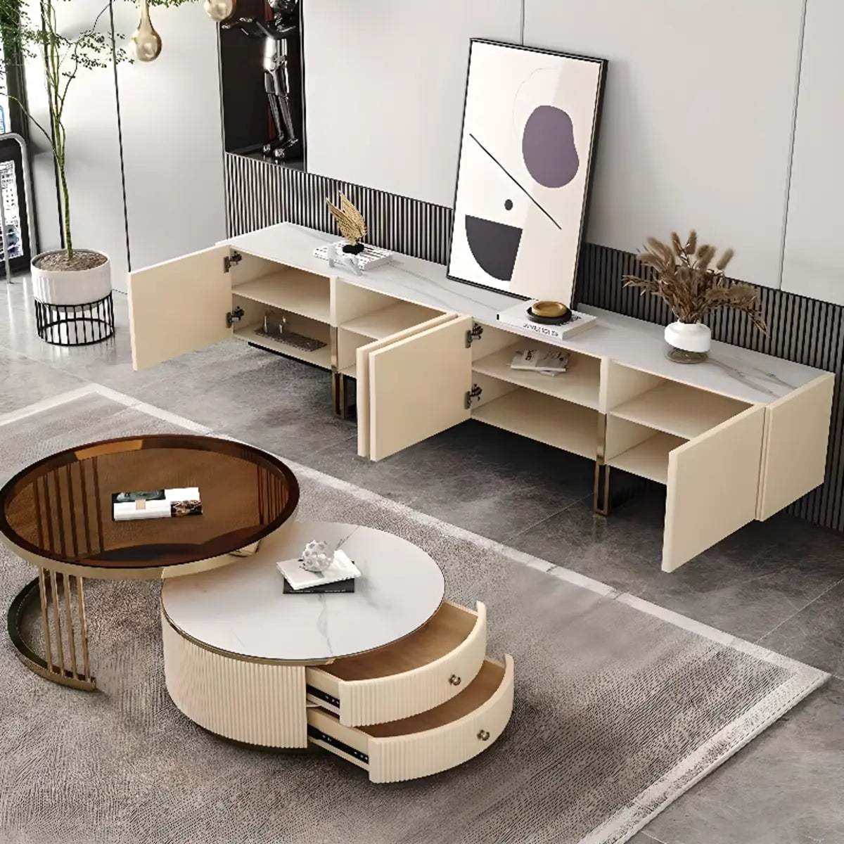Modish White Stone Rectangular TV Stand
